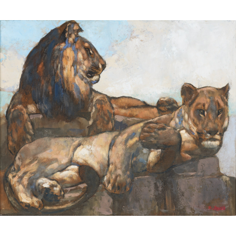 Lion et lionne allongés, vers 1922